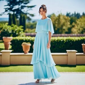 Vintage 1960’-1970’ Clifton Wilhite Elegant Light Blue Chiffon Tiered Maxi Dress